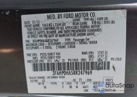 2011 Ford Fusion Se из США, поврежденный, VIN 3FAHP0HA5BR247969